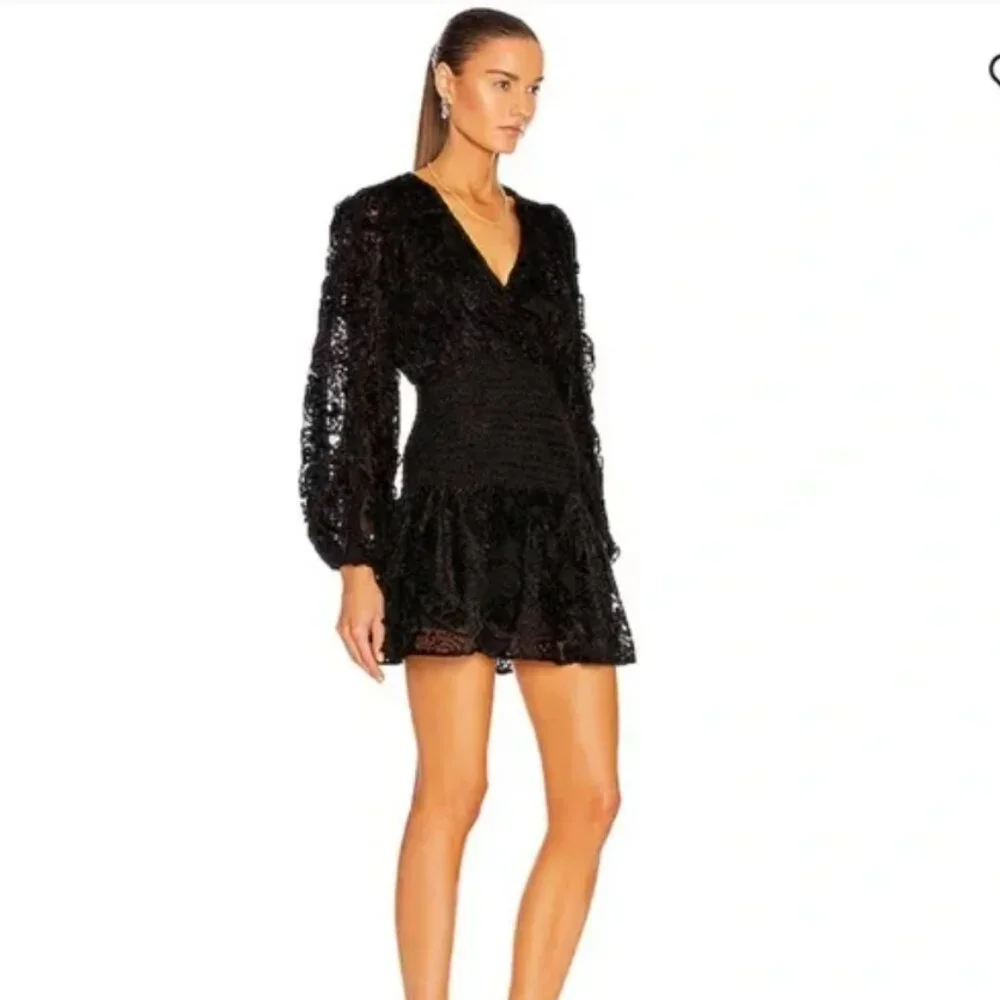 Rococo Sand Sade Lace Trim Mini Dress in Black NWT